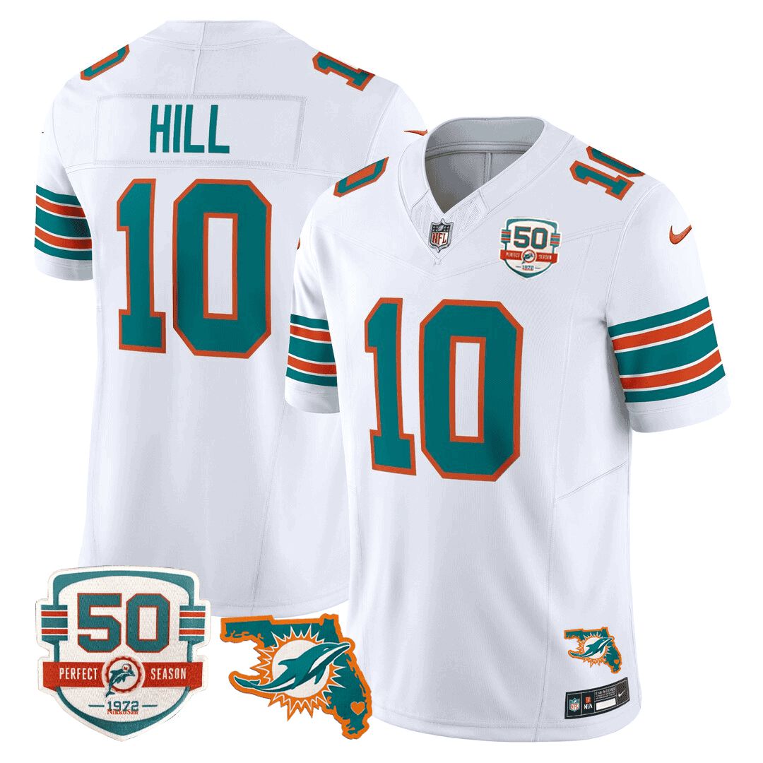 Men Miami Dolphins #10 Hill White 2024 Nike Throwback 50th Perfect Season Florida Patch Vapor NFL Jersey->indianapolis colts->NFL Jersey